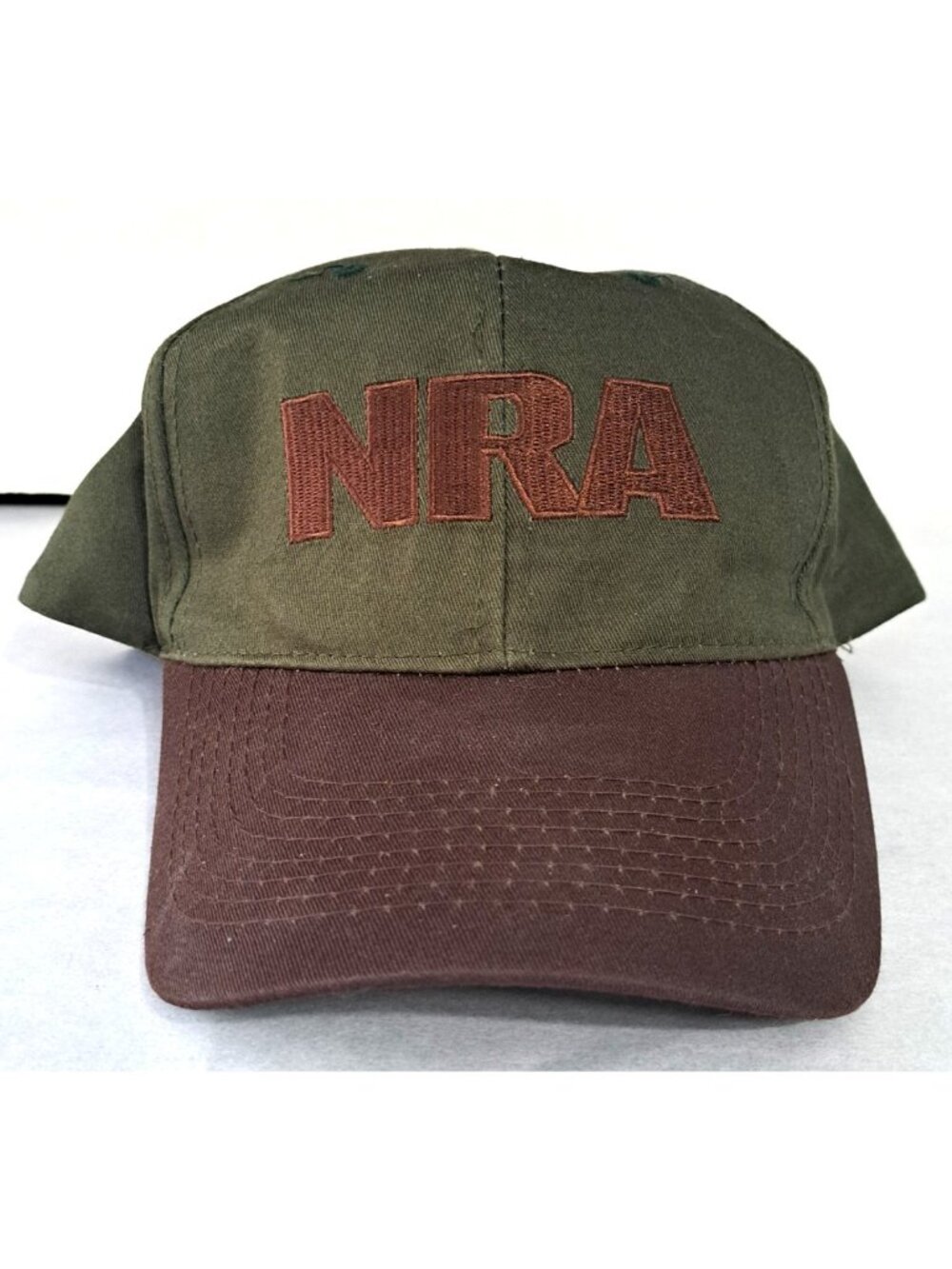 Vintage NRA Brown & Army Green 6 Panel Hook Loop Strap Ball Cap Hat